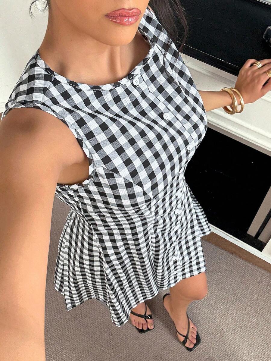 Chiquease Women's Woven Plaid Ruched A-Line Mini Dress Summer Dress Breezy Checks Season Clothes For University - Black and White - View 1