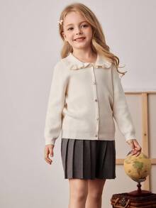 PrepCrw 女童学院风翻领纽扣针织开衫，适合秋冬季穿着。 - 白色 - 查看 4