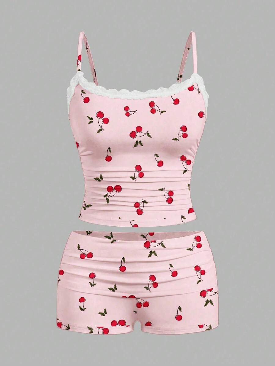SHEIN Essnce Conjunto de 2 piezas de camiseta de tirantes de encaje con estampado de cerezas y shorts fruncidos, adecuado para el verano - Rosa - Ver 1