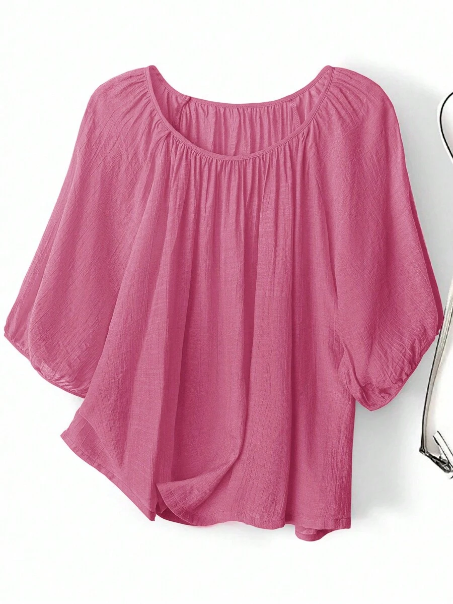 EMERY ROSE Kemeja Kasual Longgar Lengan Lentera Leher Bulat Warna Polos untuk Wanita Ukuran Besar - Dusty Pink - View 1