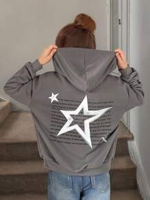 SHEIN Tween Girl Loose Casual Street Gray Ultra Loose Drop Shoulder Back Letter Star Print Hooded Zipper Sweatshirt Jacket,In Fall/Winter - Grey - View 2