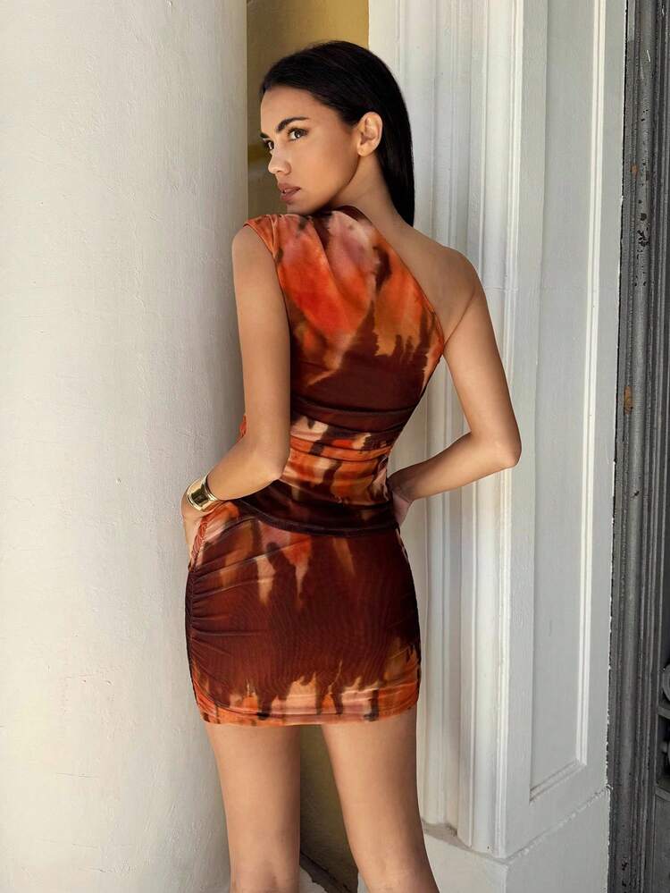 SHEIN Maija Women's Multi-Color Abstract Tie Dye Mini Skirt, Versatile Casual Urban Fashion Asymmetric Hem Design, Elegant Business/Office Lady Outfit, Suitable For Commuting, Party Occasions