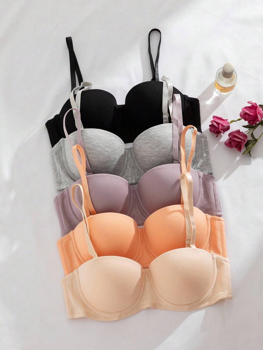 SHEIN 5 件无缝文胸套装，女士内衣文胸（带钢圈和加垫罩杯） - 彩色 - 查看 1