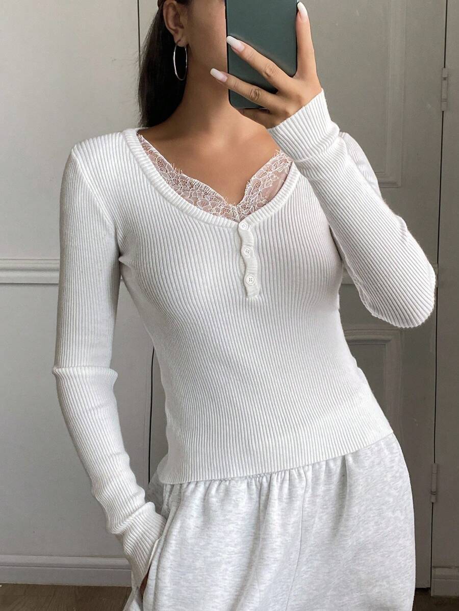 DAZY Women's V-Neck Lace Patchwork 2 In 1 Long Sleeve Sweater Fall - White - View 1