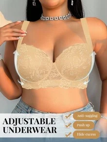 DesireSculpt 1pc Plus Size Lace Comfortable Seamless Supportive Underwire Bra, Lift
