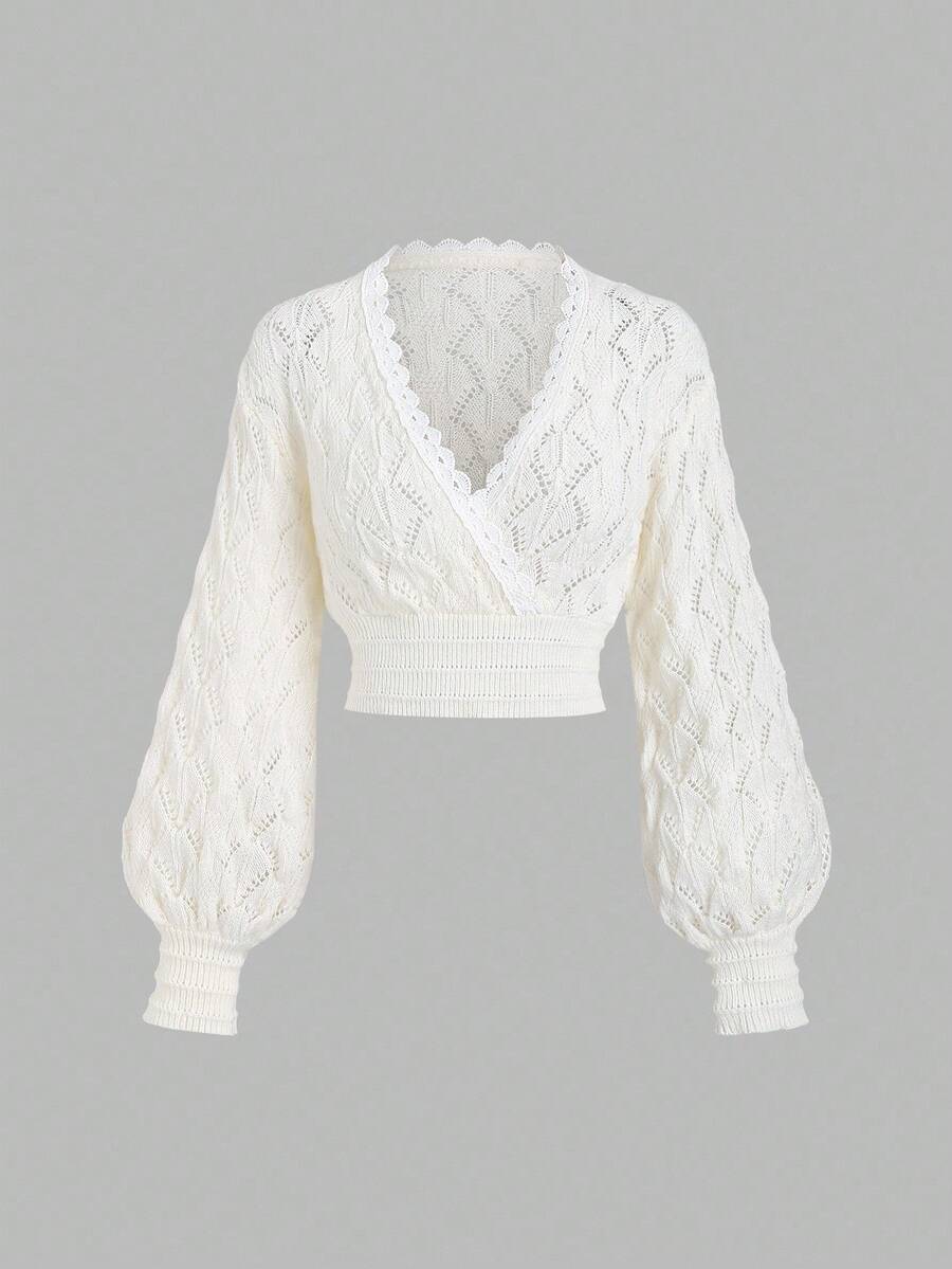 Sweetra French Hollow Lace Trim V-Neck Lantern Sleeve Slim Fit Knit Sweater For Women - White - View 1