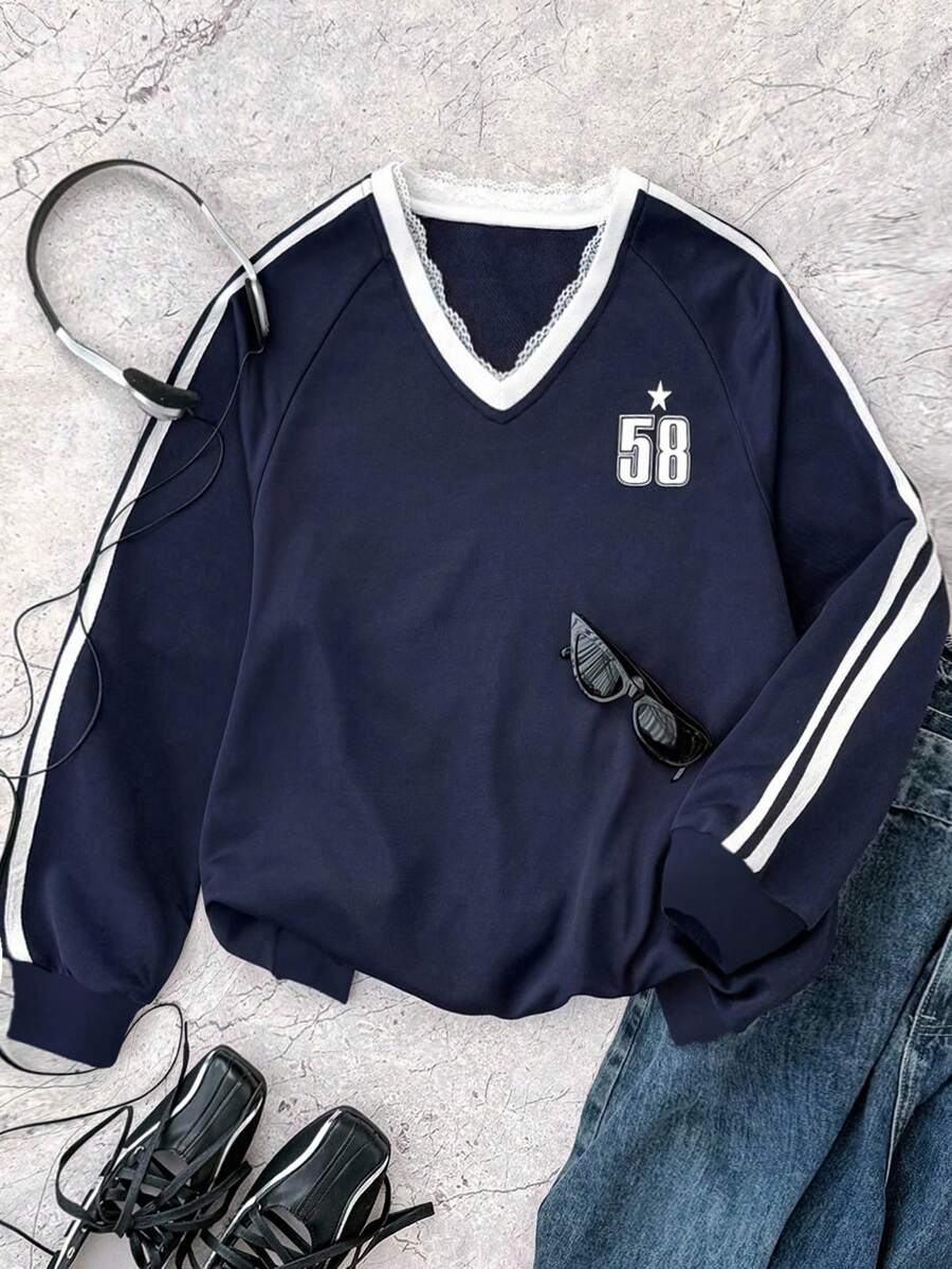 SHEIN 少女蕾丝边 V 领拼色抽绳图案套头衫，休闲、运动、校园、返校、秋冬时尚 - 藍白色 - 查看 1