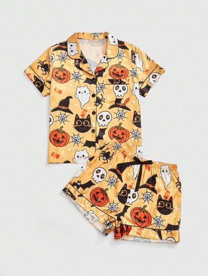 Kawaii Dark Halloween Cat, Ghost, Bat, Spider Web, Pumpkin All-Over Print Polo Collar Short Sleeve & Shorts Casual Women Pajama Set