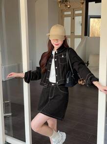 DAZY 女士韩版休闲水洗牛仔衬衫和裙子两件套，春秋装，秋季女装 - 藍色 - 查看 7