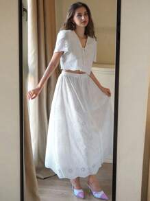 DAZY 女士V领短袖镂空裙两件套 - 白色 - 查看 1