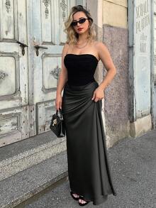 Jeta Ari Chân váy Maxi satin trơn cạp cao thanh lịch - màu đen - Xem 4