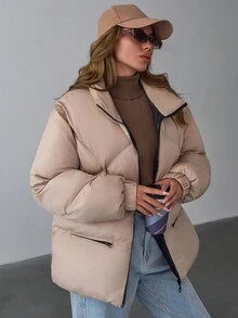 EURMUSE Women's Solid Color Long Sleeve Zipper Front Loose Casual Winter Jacket - Beige - View 1