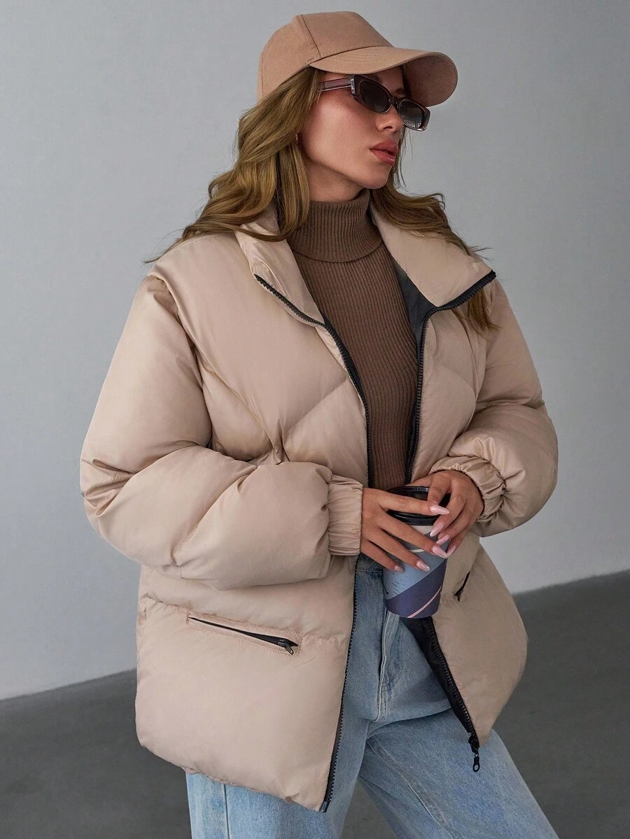 EURMUSE Women's Solid Color Long Sleeve Zipper Front Loose Casual Winter Jacket - Beige - View 1