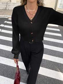 Serisse 秋冬纯色落肩纽扣短款开衫、长袖上衣、针织毛衣 - 黑色 - 查看 6