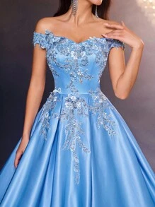 Glamrae 优雅奢华露肩彩色刺绣蕾丝拼布缎面长裙，适合婚礼、派对、度假、舞会、毕业典礼、正式场合（重刺绣） - 藍色 - 查看 2