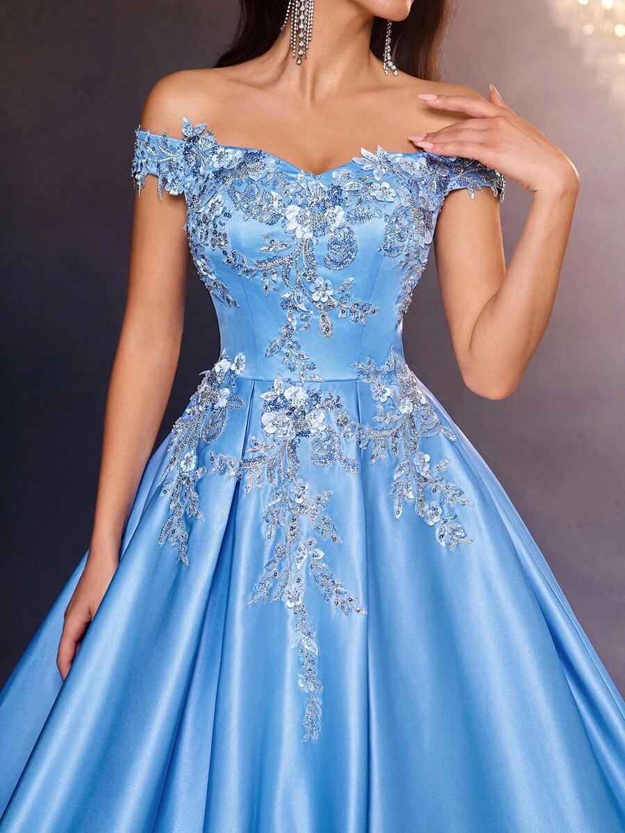 Glamrae 优雅奢华露肩彩色刺绣蕾丝拼布缎面长裙，适合婚礼、派对、度假、舞会、毕业典礼、正式场合（重刺绣）