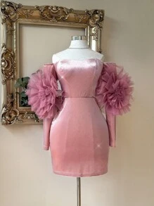 SHEIN Belle Elegante y hermoso vestido de manga larga con decoración de flor tridimensional personalizada, cubierta de cadera, con hombro descubierto y capas de malla exagerada con brillantes rosas en estilo loto, adecuado para fiesta de gala, fiesta de compromiso, cóctel, graduación, cena y baile de promoción - Rosa vieja - Ver 4