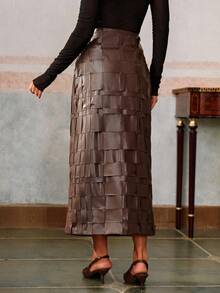 Anewsta Women's New Autumn/Winter PU Braided Street Style Skirt, Elegant & Unique For Music Festivals, Formal Occasions - Brown - View 2