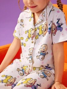 Nick 90s | SHEIN 2pcs Young Girl Cute Cartoon Pattern Collar Button Short Sleeve Top And Long Pants Pajama Set - Beige - View 4