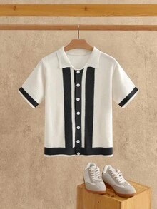 Manfinity NXTstreet Men's Casual Two-Tone Ribbed Knit Cardigan Men Knit Shirt Men Retro Shirt Knit Shirt Crochet Shirt Men Knit Polo, Fall, Old Money, Winter