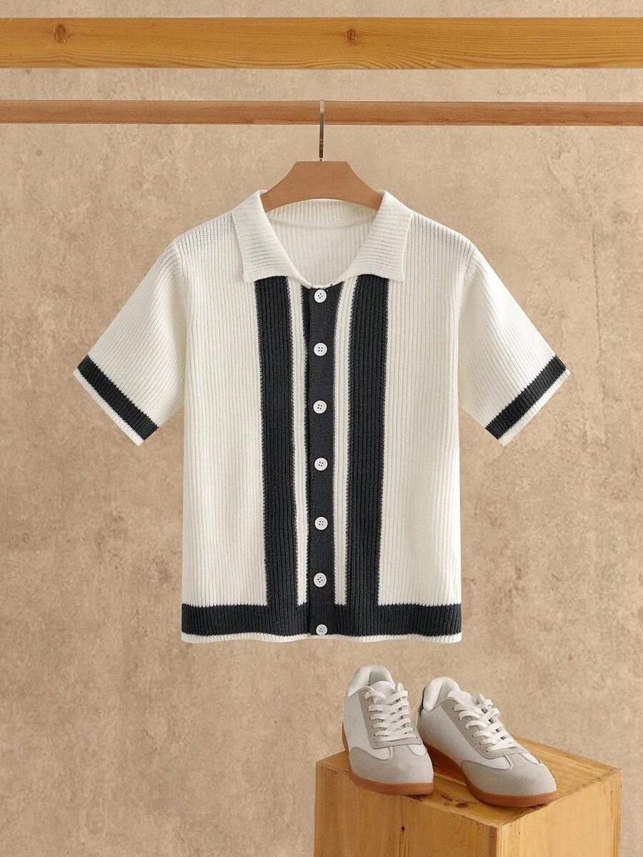 Manfinity NXTstreet Men's Casual Two-Tone Ribbed Knit Cardigan Men Knit Shirt Men Retro Shirt Knit Shirt Crochet Shirt Men Knit Polo, Fall, Old Money, Winter