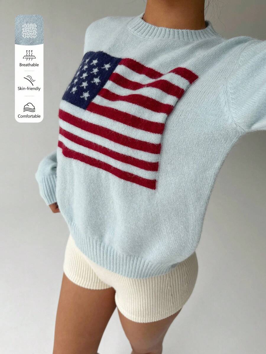 SHEIN MOOSTA 女式休闲美国国旗印花长袖套头衫针织套头衫秋冬 - 彩色 - 查看 1