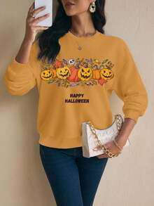 Shutterstock Glamance Damen Slogan Kürbis Muster Rundhals Dropped Shoulder Langarm Lässig Sweatshirt Halloween Sweatshirt Süßer Sweatshirt Kürbis Sweatshirt Basis Tops Winter - Orange - Übersicht 4