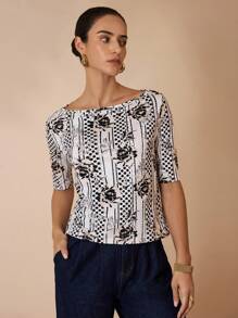 Shutterstock Glamance Women's Off Shoulder Fitted Mid-Sleeve Printed T-Shirt Women S Blouses For Summer Women S Work Tops Floral Print Top Half Sleeve Top Boat Neck Top Business Casual Outfits Elegant