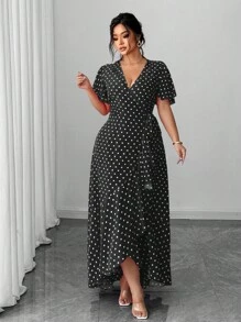 SHEIN Unity Plus Size Polka Dot Wrap Dress With Tie Waist, Ruffle Hem And Side Slit - Black - View 4