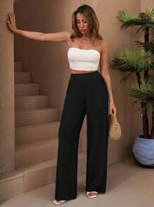 EURMUSE Calça Petite cintura alta, cintura elástica, cordão, perna longa, textura - Preto - Ver 3