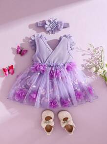 SHEIN Infant Baby Girls Sweet Elegant Gorgeous Adorable 3D Flower Embroidered Purple Tulle Princess Dress Outfit With Headband, Suitable For 0-9M Newborn Babies, Fits Birthday, Memorial Day, Photo Shoot, Flower Girl For Wedding, Outdoor Activities, Holiday Celebration - Purple - View 2