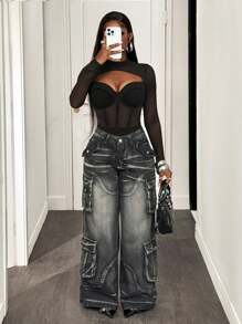 SHEIN X Scot Louie BamGleam 性感镂空钢圈胸罩杯半透明长袖女式紧身衣，秋季 - 黑色 - 查看 5