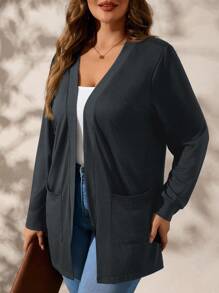 SHEIN Clasi Chaqueta holgada de manga larga con bolsillo, de punto en color gris oscuro, talla grande