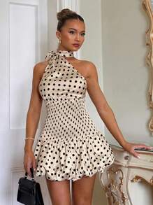 Glamine Charm Đầm bodycon hở lưng chấm bi cổ điển thanh lịch dành cho nữ, phù hợp với váy mùa xuân, váy đi biển, váy mùa hè, váy dạ hội, váy bodycon, váy lãng mạn, phù hợp cho các buổi hẹn hò hàng ngày, ngày lễ, bãi biển, hộp đêm, tiệc tùng - Màu be - Xem 4