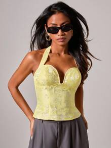 COSMINA Áo cánh cổ yếm Jacquard thanh lịch dành cho nữ - Màu vàng - Xem 3