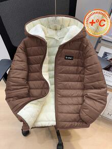 SHEIN Tween Boy Casual Hooded Zip-Up Long Sleeve Woven Winter Parka Coat, Suitable For Commuting, School, Casual, Travel, Sports, Autumn/Winter, Brown;Boys Winter Clothes;Boys Fall Clothes - Brown - View 3