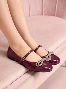 CUCCOO DOLLMOD Women's Wine Red PU Diamond Bow Decor T-Strap Cute Mary Jane Flats - Burgundy - View 3