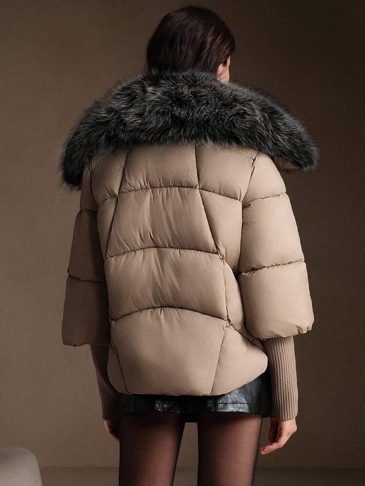 Cappotto di lusso premium con polsini in maglia e collo oversize in pelliccia sintetica, adatto per autunno, inverno, uscite, elegante, formale, festa, chic, Capodanno, cappotto invernale da donna, Natale, lavoro, laurea, matrimonio