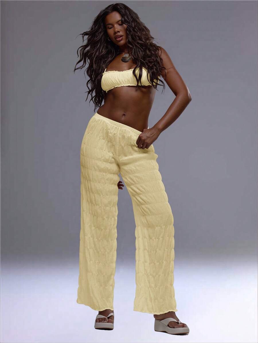 MUSERA Ruched Textured Straight Leg Trousers Summer 90's Boho Elegant Holiday Casual - Yellow - View 1