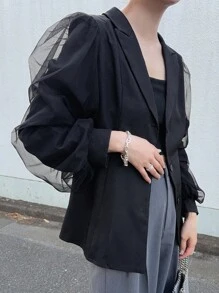 FRIFUL Women's Solid Color Lapel Neck Splice Mesh Long Sleeve Elegant Blazer, Fall Women Clothes Jackets For Women Jacket For Women Cropped Blazer Black Blazer Women Mesh Sleeve Blazer Black Crop Jacket Blazers For Women Sheer Sleeve Blazer Business Attire