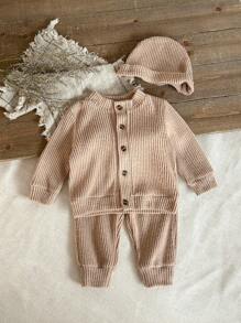 SHEIN 2 Stücke Baby Mädchen Set mit Rundhals Strickjacke Pullover & Leggings mit elastischem Bund, lässige koreanische Mode Outfit mit Mütze, bequem & weich für Herbst/Winter