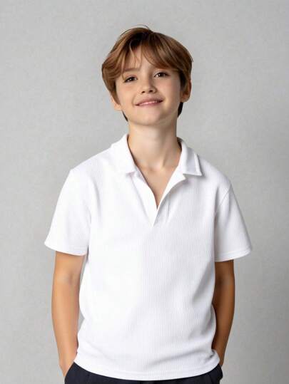 青少年男孩休闲韩版简约纹理面料 Polo 领短袖上衣，适合通勤、上学、日常、运动、春夏季
