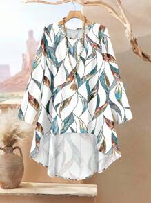 Rusticease 大码女式度假风格花卉叶印花长袖上衣和纯色宽松裤两件套，优雅休闲春夏季，2 件夏季服装女式秋季服装 - 水鴨藍 - 查看 5