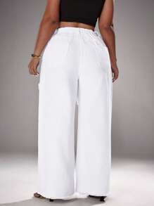Slaydiva Plus Size Casual Solid Color Patch Distressed Wide Leg Jeans - White - View 3