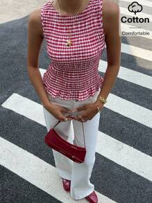 Siren Gaze 女式夏季休闲度假格纹印花荷叶边下摆修身吊带背心 - 紅白色 - 查看 5