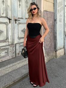 Jeta Ari Solid High Waist Skirt Elegant For Summer Maxi Women Outfit - Maroon - View 4