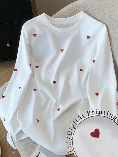 Resyla Casual Loose Heart Pattern Round Neck Long Sleeve T-Shirt For Women Fall Cloth For Women