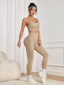 Slayform Slayform 4PCS Women's Solid Color Camisole And Leggings Sports Suit - Multicolor - View 6