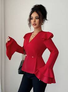 Selianne New Vintage Style Women's Red Long Sleeve V-Neck Ruffle Trim Metal Button Decor Blouse - Red - View 5
