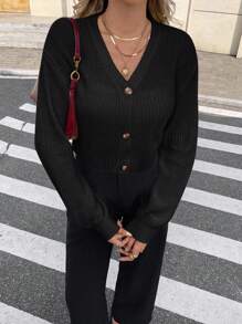 Serisse 秋冬纯色落肩纽扣短款开衫、长袖上衣、针织毛衣 - 黑色 - 查看 7